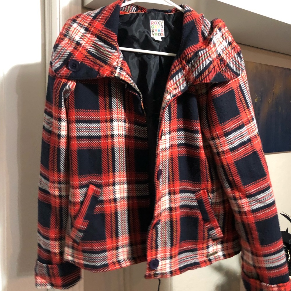 Blue and orange plaid pea coat